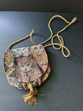 Vintage Tapestry Cat Shoulder Bag Cord Rope Strap Retro 80s Boho Art To Wear